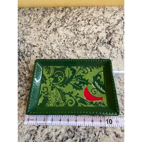 Hallmark Exclusive Green Christmas Rectangular Tray Red Cardinal Design Ceramic - Picture 3 of 6